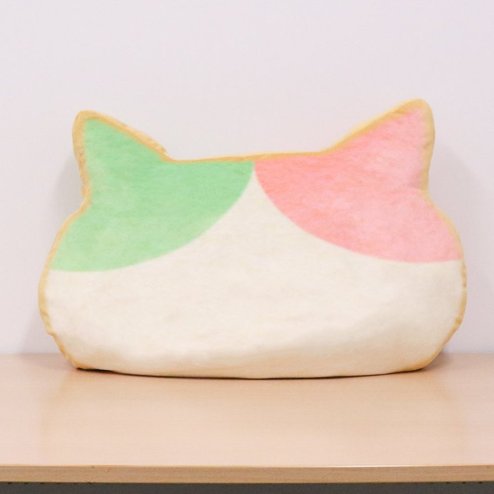 Cat Shaped Bread Cushion (Green & Pink Version)